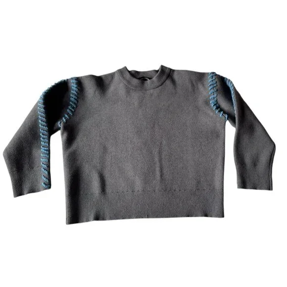 English Factory Women's Sz S Whip Contrast Stitch Gray Blue Pullover Sweater - Picture 9 of 9